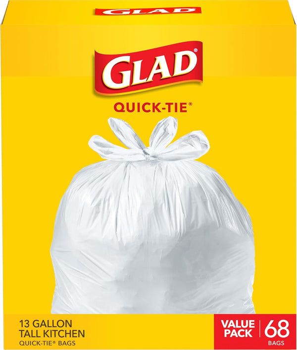 Glad Trash Bags, 13 Gallon Tall Kitchen Quick-Tie Garbage Bags, 68 Count, White, Pack May Vary