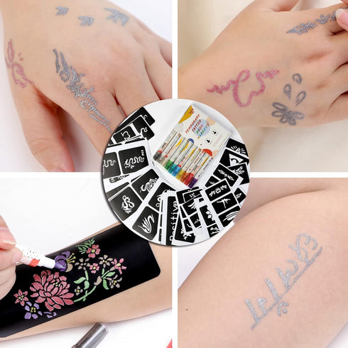 HAWINK Temporary Tattoo Markers for Skin, 10 Body Markers + 56 Large Tattoo Stencils for Kids and Adults, Dual-End Pens