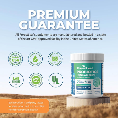 ForestLeaf Clinically Studied Probiotics - 100 Billion CFU, 26 Strains with Organic Prebiotic Blend, 30 Capsules