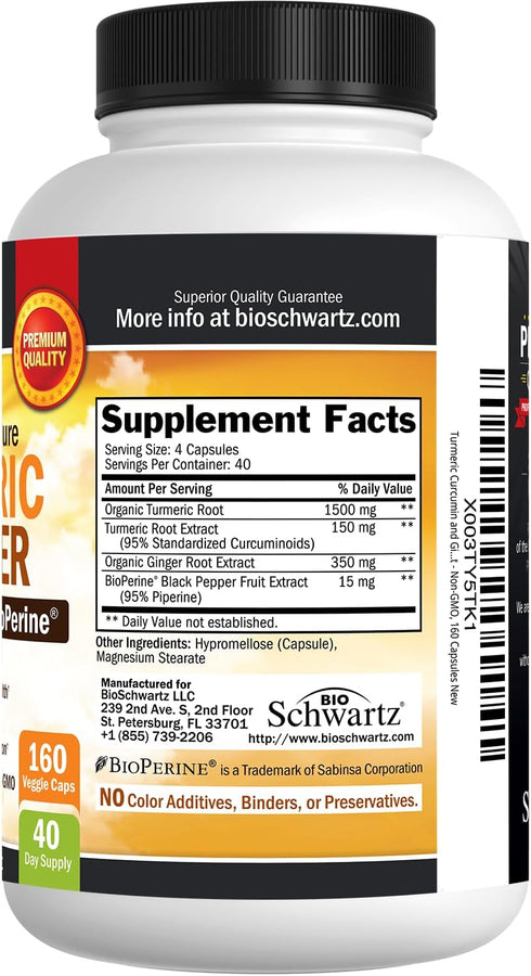 Turmeric Curcumin and Ginger 2000mg - 160 Capsules for Joint & Immune Support, Gluten-Free, Non-GMO
