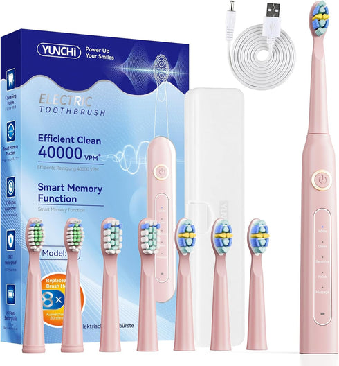 YUNCHI Electric Toothbrush Pink, Battery Toothbrush for Adults, Rechargeable Toothbrushs-8 Brush Heads,
