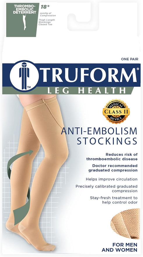 Truform Surgical Stockings, 18 mmHg Compression, Thigh High Length, Closed Toe, Black, X-Large