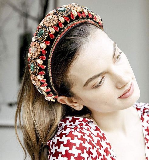 Padded Rhinestone Headband, Bejewelled Crystal Velvet Wide Hairband Party Headwear for Women Girls (Big Rhinestone)