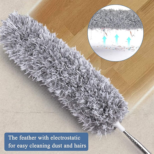 Microfiber Duster Gray with 100" Extension Pole, Telescoping Feather Dusters for Cleaning High Ceilings, Cobwebs, Fans,
