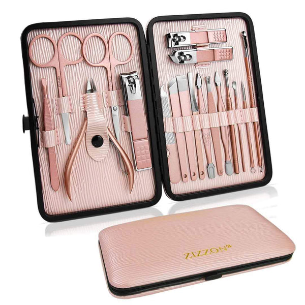 ZIZZON Manicure Set 18 in 1 Professional Pedicure Kit, Nail Scissors Grooming Kit with Leather Travel Case Pink