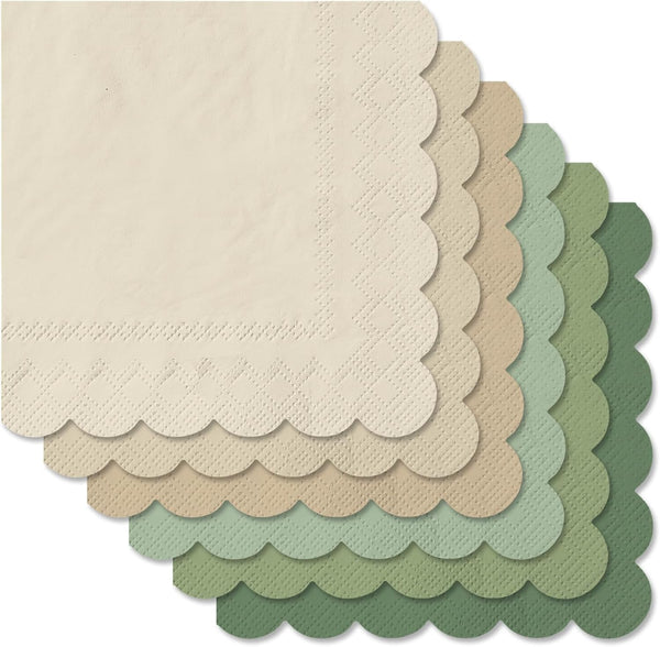 Whaline 120Pcs Scalloped Disposable Cocktail Napkins - Sage Green Nude, 6 Colors Multi-colored Beverage Napkin for Home