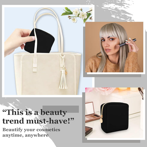 Nylon Mini Makeup Bag for Purse, Preppy Small Black Zipper Pouch, Waterproof Travel Coin Pouch for Women (Black)