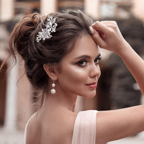 PAGOW Hair Clips, 2Pcs Crystal Flower Bridal Hair Accessories, Silver Rhinestone Hair Pins for Brides Women Girls