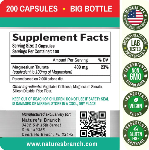 Magnesium Taurate 400mg, 200 Capsules, High Absorption for Sleep, Heart Health, Joint Supplement for Women and Men