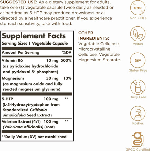 Solgar 5-HTP 100 mg - 90 Vegetable Capsules - Non-GMO, Vegan, Kosher & Gluten Free - Promotes Relaxation