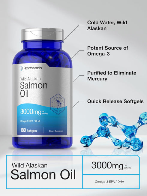 Horbaeach Wild Alaskan Salmon Fish Oil, 180 Softgel Capsules, Gluten Free, High Potency Omega-3 EPA and DHA