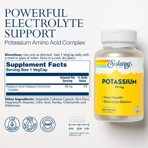 Solaray Potassium 99mg, Fluid & Electrolyte Balance Formula, Heart, Nerve & Muscle Function Support 200ct