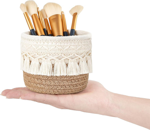 Mkono Macrame Makeup Brush Holder, Organizer Comb Brushes Mini Storage Basket Set of 2, Boho Decor Baskets, Yellow and