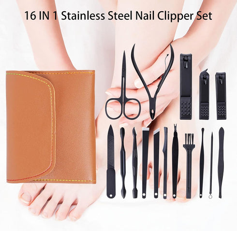 Professional 16 in 1 Manicure Pedicure Set - Stainless Steel Nail Clipper Tools with Portable Leather Case, Gift for