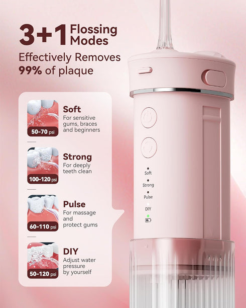 Travel Water Flosser, Portable Water Flosser, Mini Oral Irrigator, Telescopic Water Tank with 5 Nozzles, IPX7