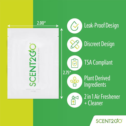 Scent2Go Toilet Fragrance Powder - Discreet Travel Size Packet, Plant Based Formula - Lemon + Mint, 20 Single Use