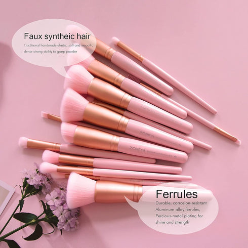 Z'OREYA 15Pcs Makeup Brush Set, Premium Synthetic Kabuki Brushes for Foundation, Concealers, Blush, Eye Shadows (Pink)