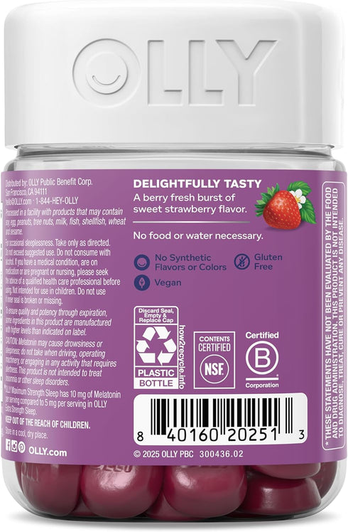 Gummy, 10mg 50 Count OLLY Max Strength Sleep Melatonin, L-Theanine, Chamomile, Lemon Balm, Sugar Free, Vegetarian Sleep