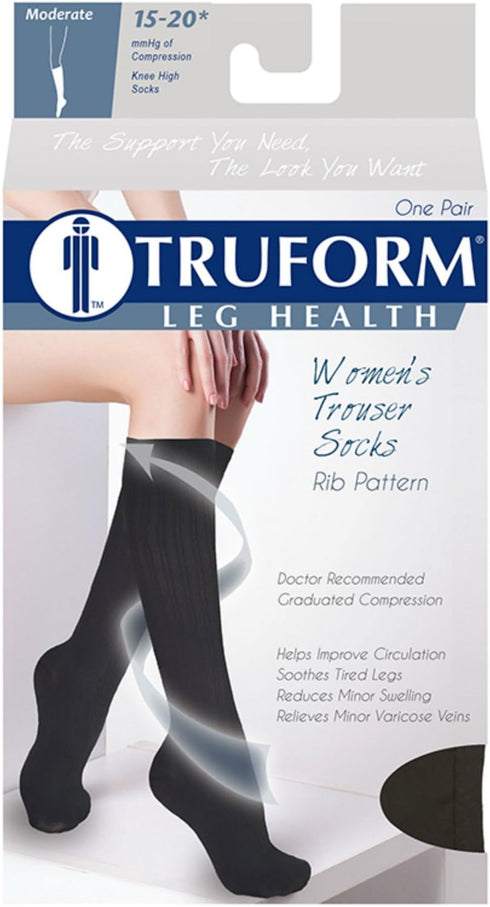 Truform Compression Socks, 15-20 mmHg, Women's Dress Socks, Knee High, Black Rib Knit, X-Large