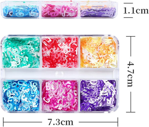 6 Colors Letter Nail Art Glitter Sequins, 3D Holographic English Letter Flake Designs for Acrylic Nails Women DIY