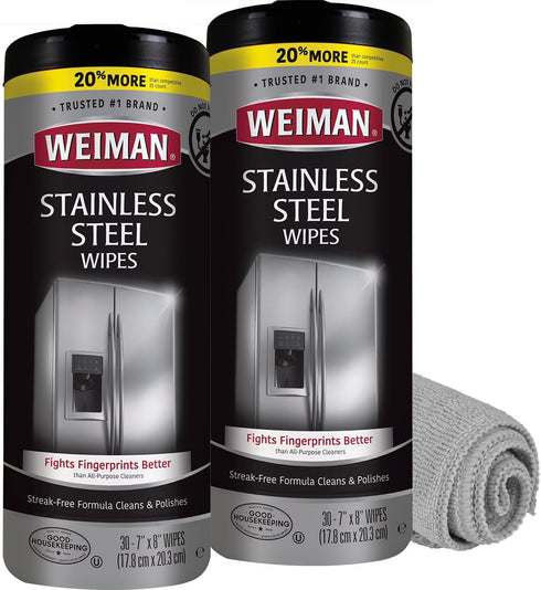 Weiman Stainless Steel Cleaner and Polish Wipes Bundle with Microfiber Cloth for Appliances, Removes Fingerprints and
