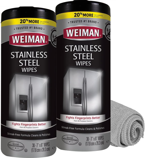 Weiman Stainless Steel Cleaner and Polish Wipes Bundle with Microfiber Cloth for Appliances, Removes Fingerprints and