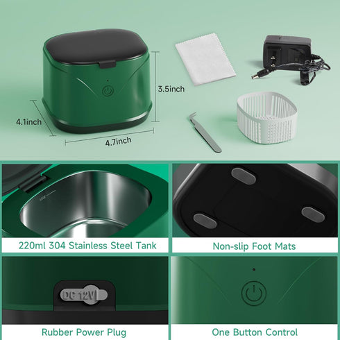 Ultrasonic Cleaner Portable, 46KHZ Professional Denture Cleaner for Electric Toothbrush Head, Jewelry, 220ml, Green