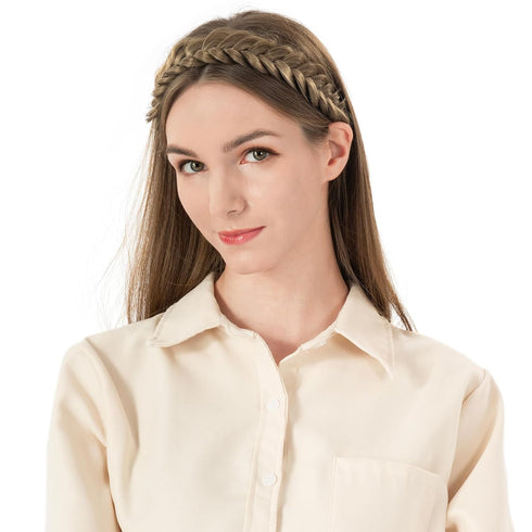 Messy Wide 2 Strands Synthetic Hair Braided Headband, Classic Chunky Braid Elastic Stretch Hairpiece, Dark Blonde