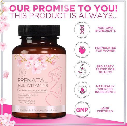 Hello Lovely! Women's Prenatal Multivitamin with Folic Acid + DHA - 60 Softgels for Pregnancy Support