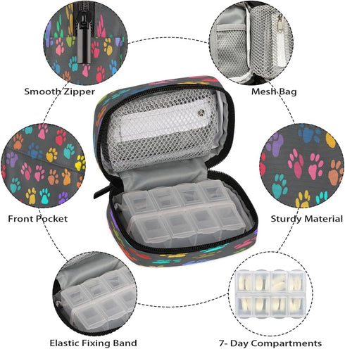 Skerhhux 7 Colorful Paw Art Pill Case Travel Pill Organizer Weekly Day Portable with Zipper Medicine Box Pill Case