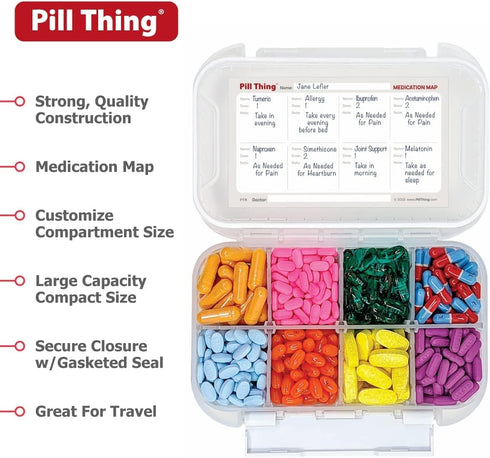 8 Compartment Large Pill Case with Airtight Seal, Adjustable Dividers, Waterproof Med Box with Medication Map (Clear -