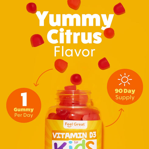 Feel Great Kids Vitamin D3 1000 IU Gummies for Healthy Bones, Mood, & Immune Support, Citrus Flavored Vegetarian D3