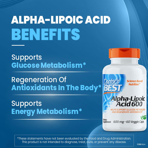 Doctor's Best Alpha-Lipoic Acid 600, Helps Support Glucose Metabolism and Regenerate Antioxidants* Non-GMO, Gluten Free, Vegan, Soy Free, 60 Veggie Caps