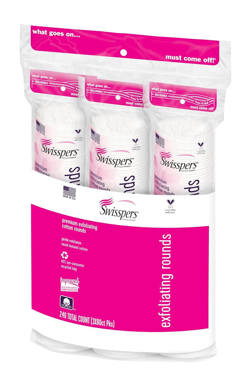 Swisspers Premium 100% Natural Exfoliating Cotton Pads, Hypoallergenic Rounds for Face and Eye Cleansing, 80 Count