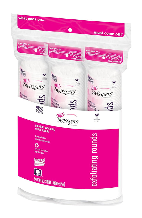 Swisspers Premium 100% Natural Exfoliating Cotton Pads, Hypoallergenic Rounds for Face and Eye Cleansing, 80 Count