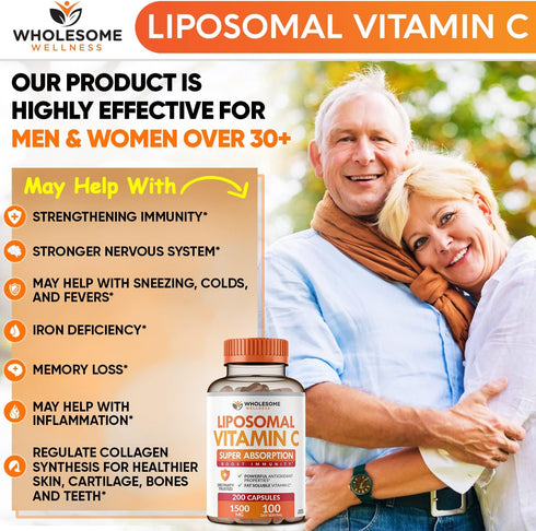 Wholesome Wellness Liposomal Vitamin C Capsules - 200 Pills 1500mg Buffered, High Absorption Immune Support