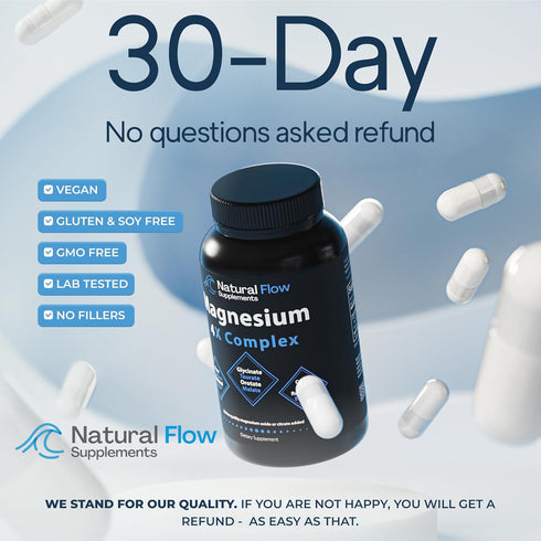 Natural Flow 4X Magnesium Supplement, 120 Capsules Magnesium Glycinate, Taurate, Malate, Orotate Complex for Calm Sleep