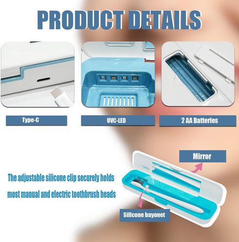 STB-062 UV-C Toothbrush Case for Travel, Portable Toothbrush Case with Holder, USB-C or AA Battery Powered, Plastic