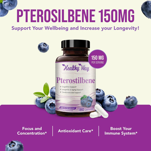 150mg Pterostilbene Supplement - Once Daily Antioxidant for Healthy Aging, Immune, Heart, Skin & Brain Support -