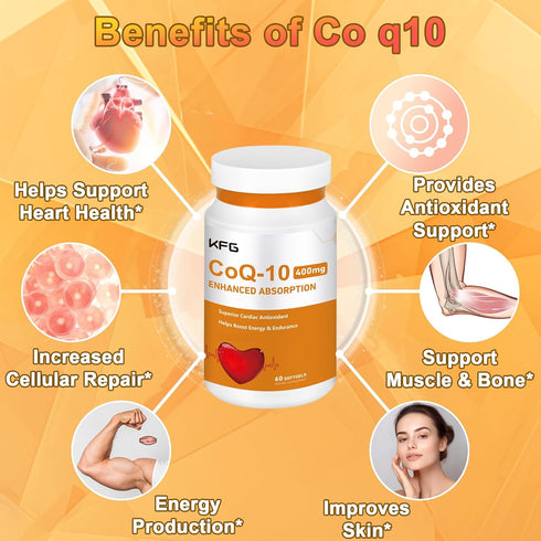 KFG CoQ10 400mg Softgels, Coenzyme Q10 Supplements for Heart Health, Immune System, Gluten Free
