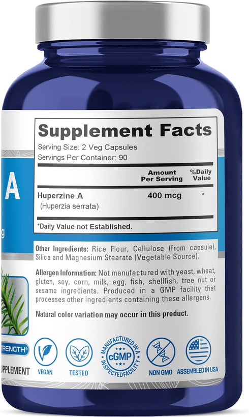 NusaPure Huperzine A - 400mcg, 180 Veggie Capsules (Vegetarian, Non-GMO, Vegan)