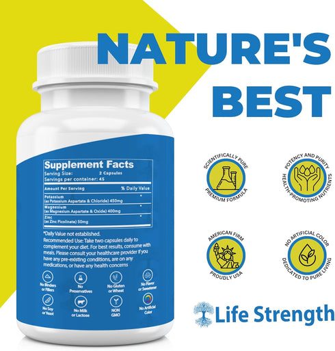Life Strength Magnesium Potassium Supplements, 90 Capsules for Vascular Health & Leg Cramps