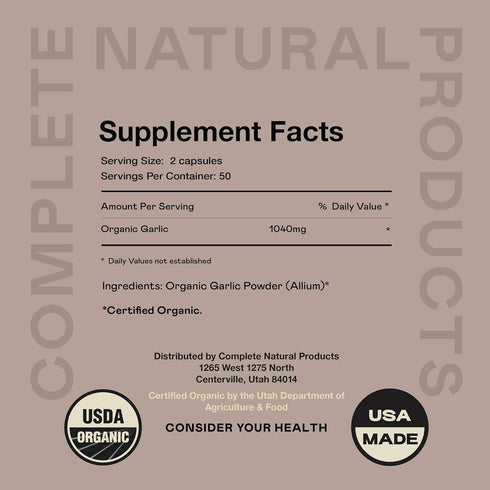 Complete Natural Products Organic Garlic Capsules 100 Count, 520mg Vegetarian Pills Supplement, Garlic Powder & Extract