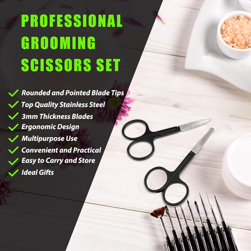 Small Facial Hair Grooming Scissors for Men Women - 2PCS Black Eyebrow, Nose Hair, Mustache, Beard Trimming Kit