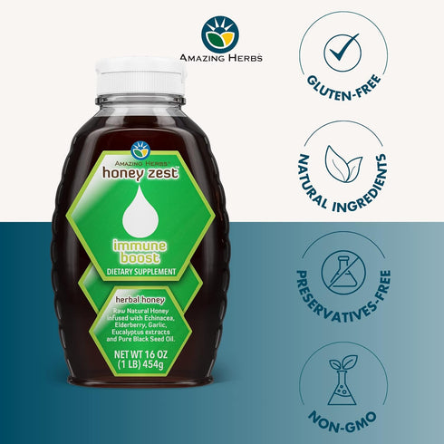 Amazing Herbs Raw Natural Honey, 16 Fl Oz - Herbal Honey with Echinacea, Elderberry, Garlic, and Black Seed Oil