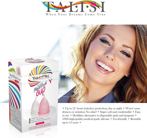 Talisi Menstrual Cups Set of 2 - Reusable Period Kit (Small & Large Sizes) - Super Soft Silicone for Feminine Hygiene.