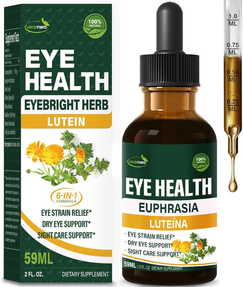 Verdeherb Eyebright Herb Eye Health Drops, Bilberry & Lutein Liquid Extract Herbal Supplement