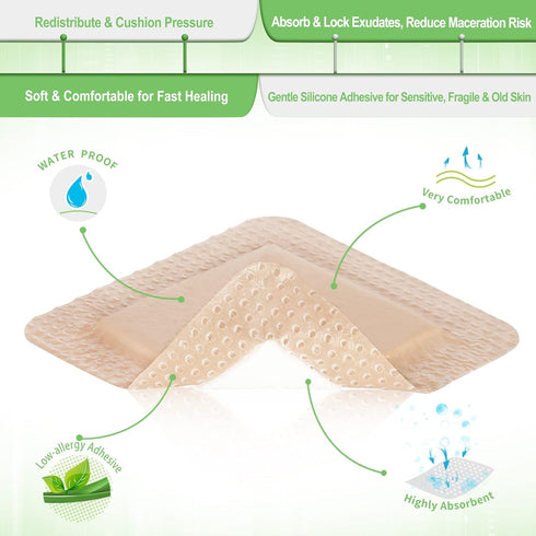 NeuHeils Silicone Adhesive Foam Dressing with Gentle Border 4''x4'' for Bed Sore Leg Ulcer, 10 Pack, High Absorbency
