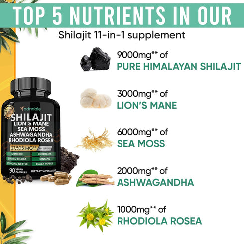 Shilajit Pure Himalayan Organic - 11-in-1 Shilajit Capsules with Sea Moss, Ashwagandha, Turmeric, 27,505 mg/Serving