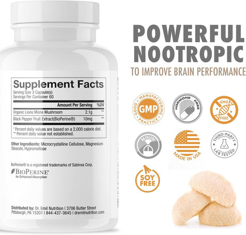 Organic Lions Mane Mushroom Supplement for Mental Clarity, Focus & Immune Support, 60 Servings